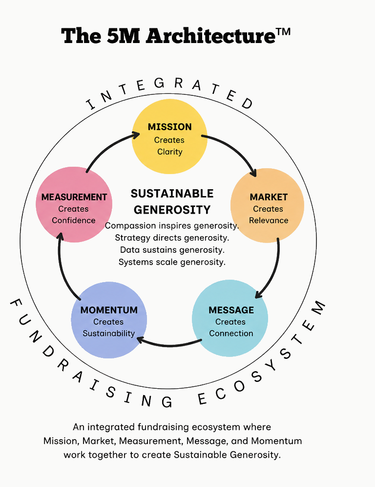 The 5M Architecture™ framework diagram: Mission, Market, Message, Momentum, and Measurement working together to create Sustainable Generosity™